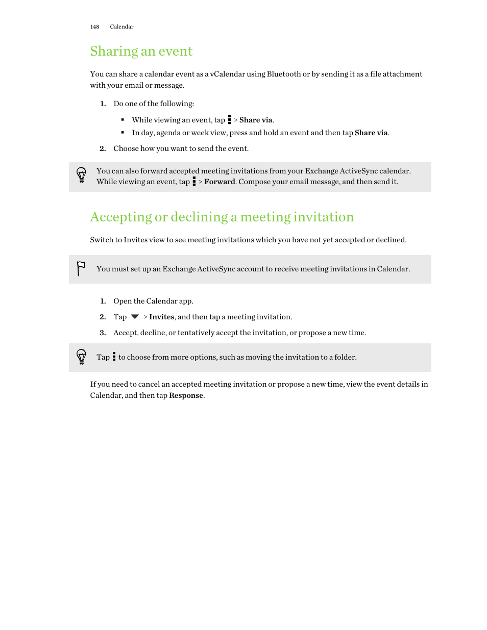 Sharing an event, Accepting or declining a meeting invitation | HTC One E8 User Manual | Page 148 / 188