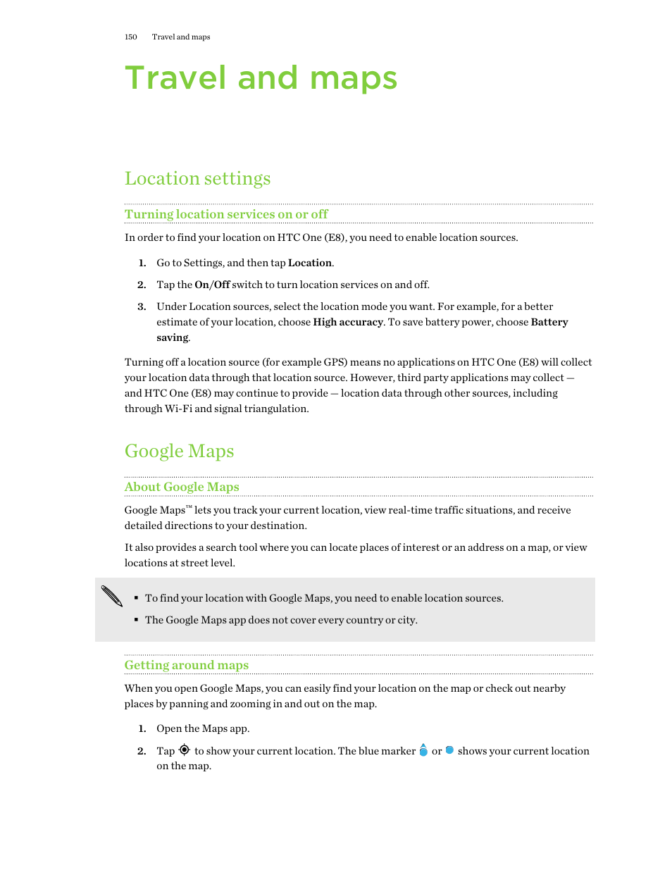 Travel and maps, Location settings, Turning location services on or off | Google maps, About google maps, Getting around maps, Turning location, Services on or off, Location-based apps. see | HTC One E8 User Manual | Page 150 / 188