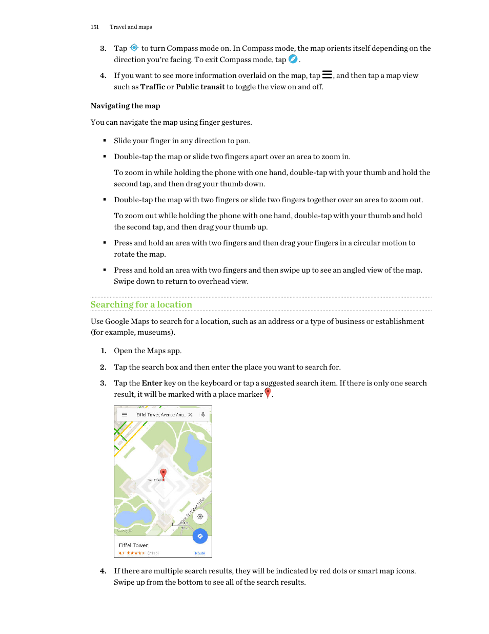 Navigating the map, Searching for a location | HTC One E8 User Manual | Page 151 / 188