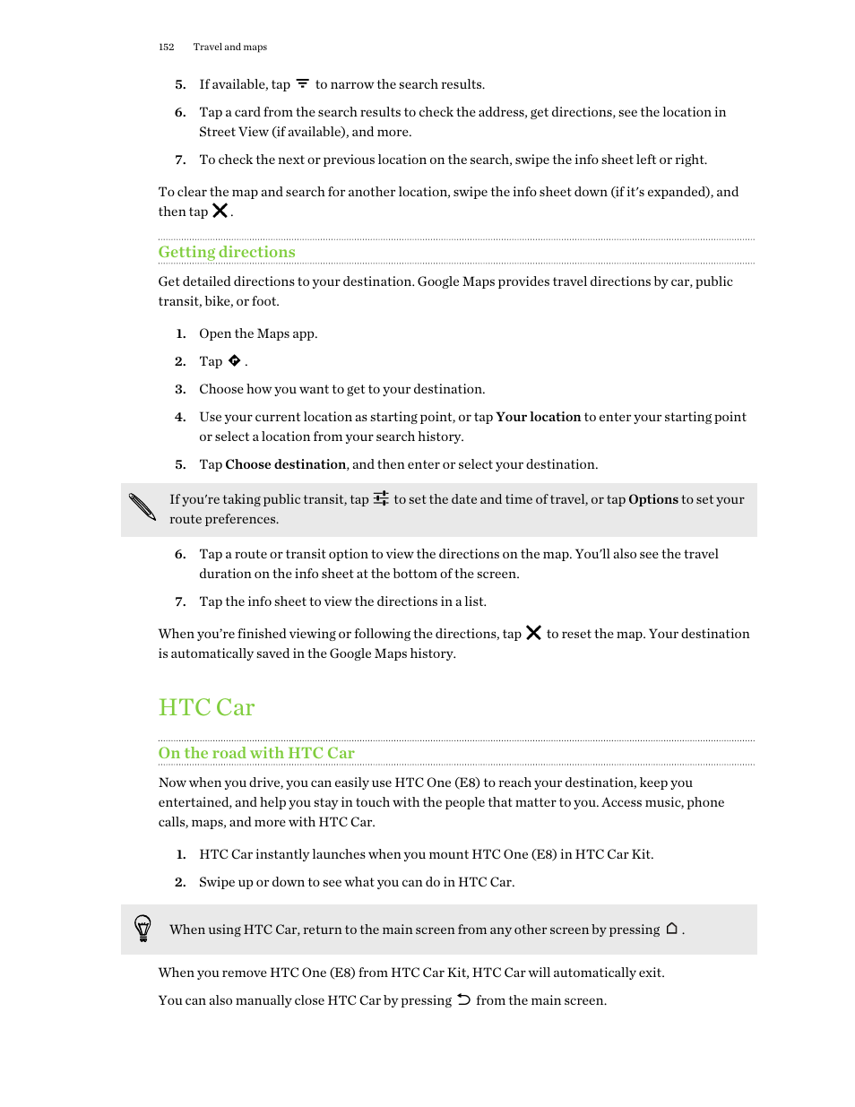 Getting directions, Htc car, On the road with htc car | HTC One E8 User Manual | Page 152 / 188