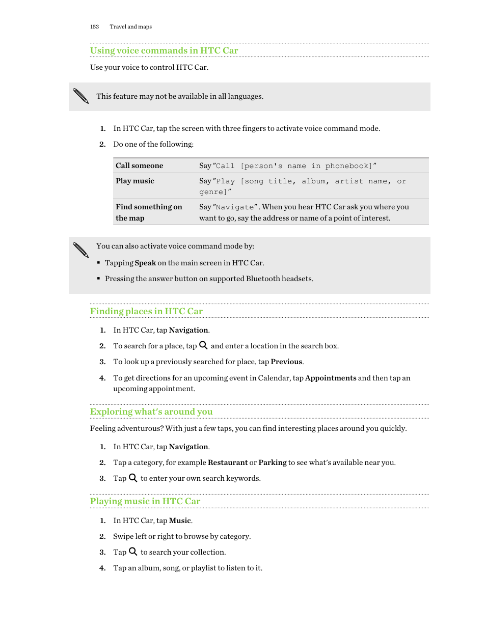 Using voice commands in htc car, Finding places in htc car, Exploring what's around you | Playing music in htc car | HTC One E8 User Manual | Page 153 / 188