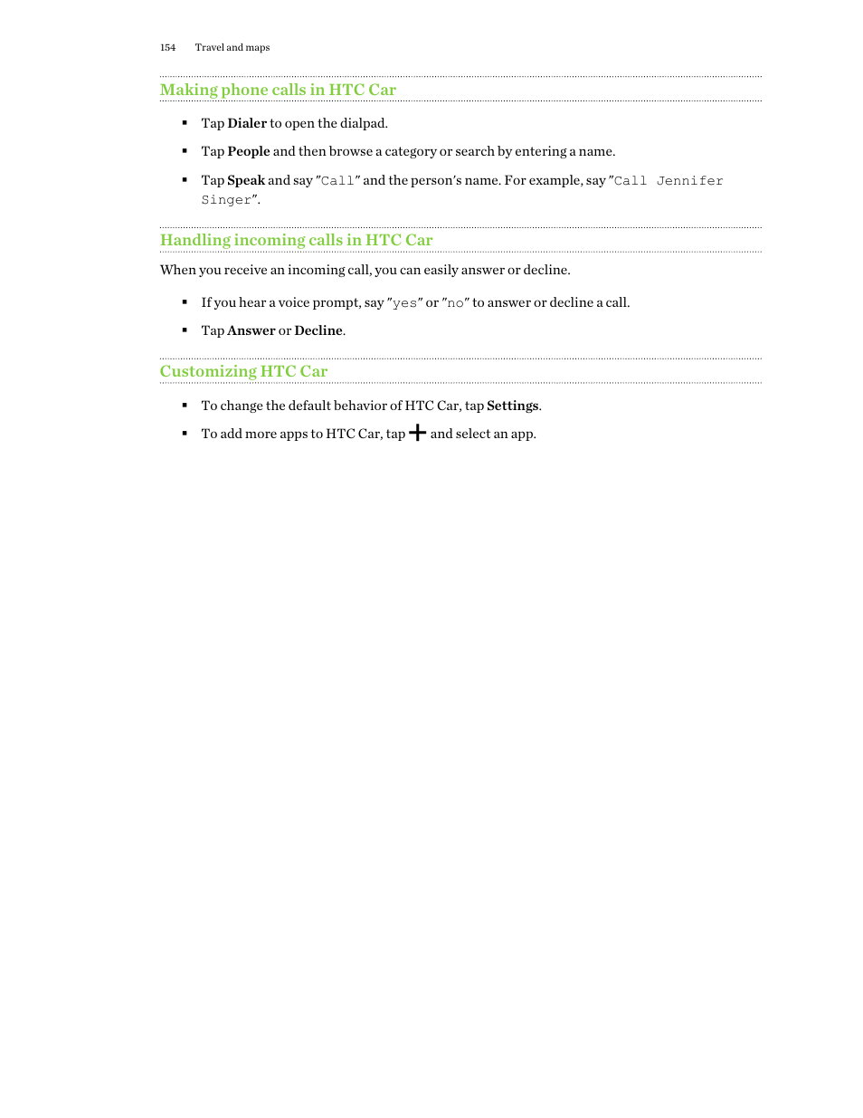 Making phone calls in htc car, Handling incoming calls in htc car, Customizing htc car | HTC One E8 User Manual | Page 154 / 188