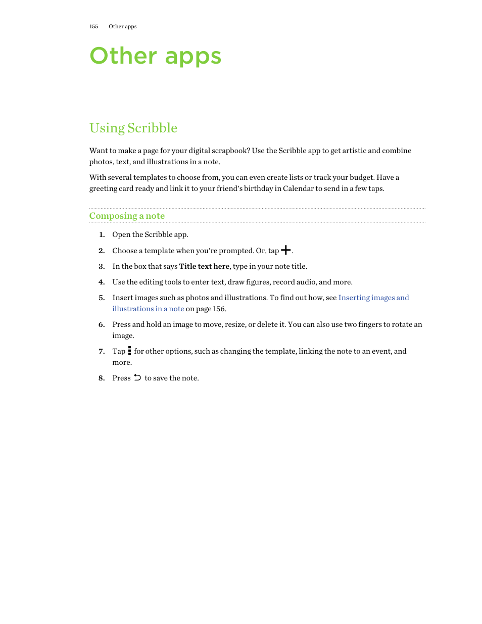 Other apps, Using scribble, Composing a note | HTC One E8 User Manual | Page 155 / 188