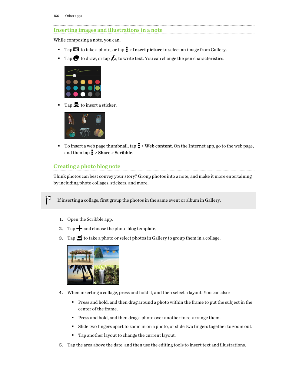 Inserting images and illustrations in a note, Creating a photo blog note | HTC One E8 User Manual | Page 156 / 188
