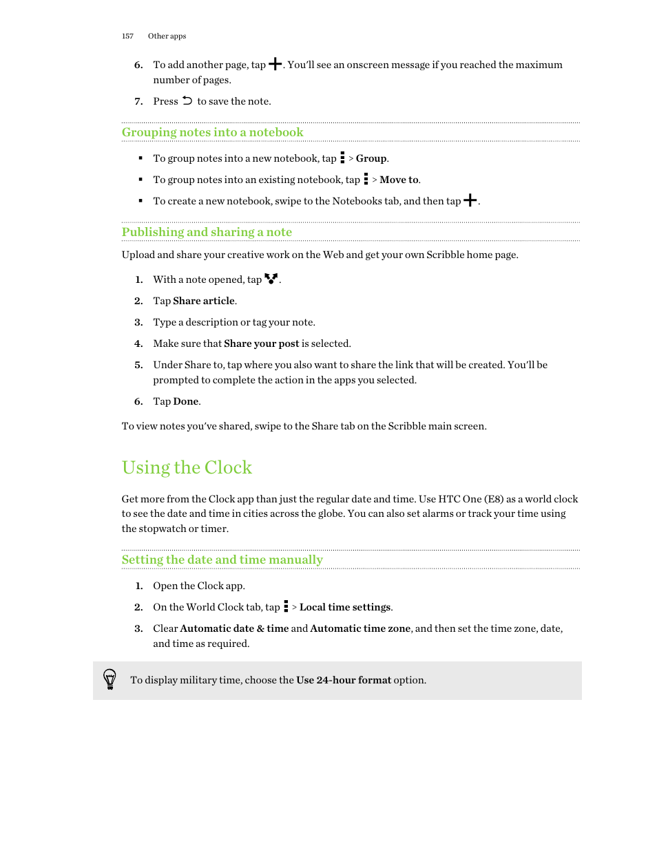 Grouping notes into a notebook, Publishing and sharing a note, Using the clock | Setting the date and time manually | HTC One E8 User Manual | Page 157 / 188