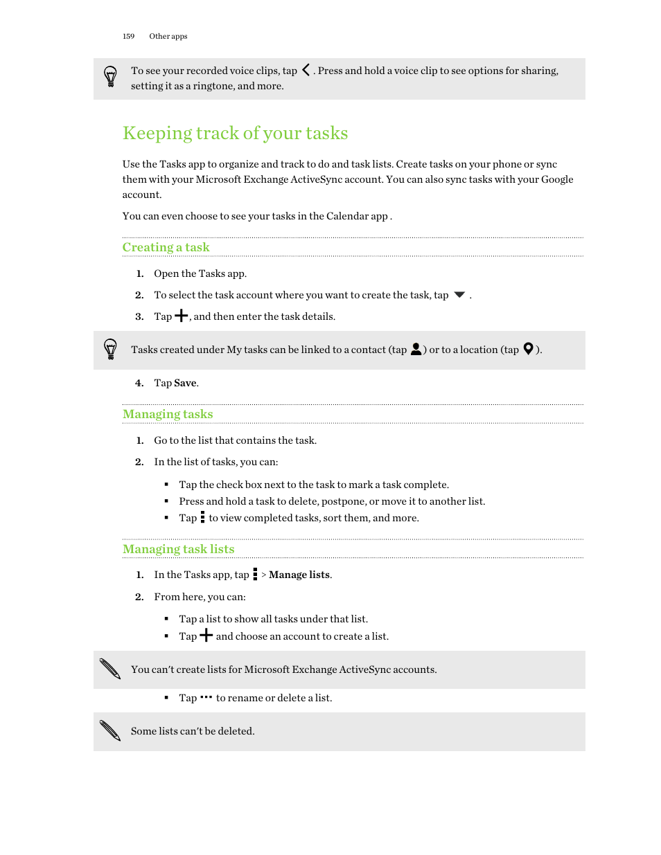 Keeping track of your tasks, Creating a task, Managing tasks | Managing task lists | HTC One E8 User Manual | Page 159 / 188