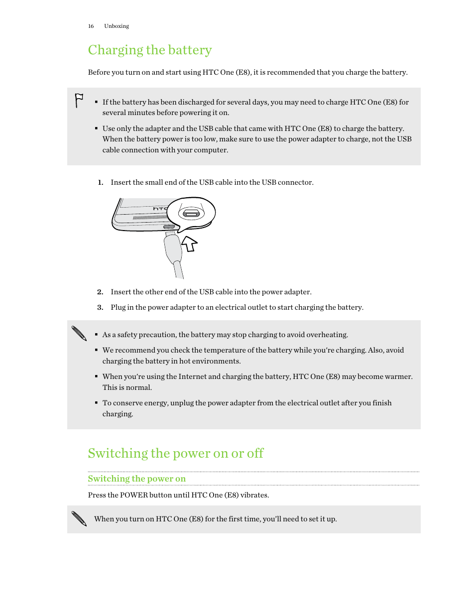 Charging the battery, Switching the power on or off, Switching the power on | HTC One E8 User Manual | Page 16 / 188