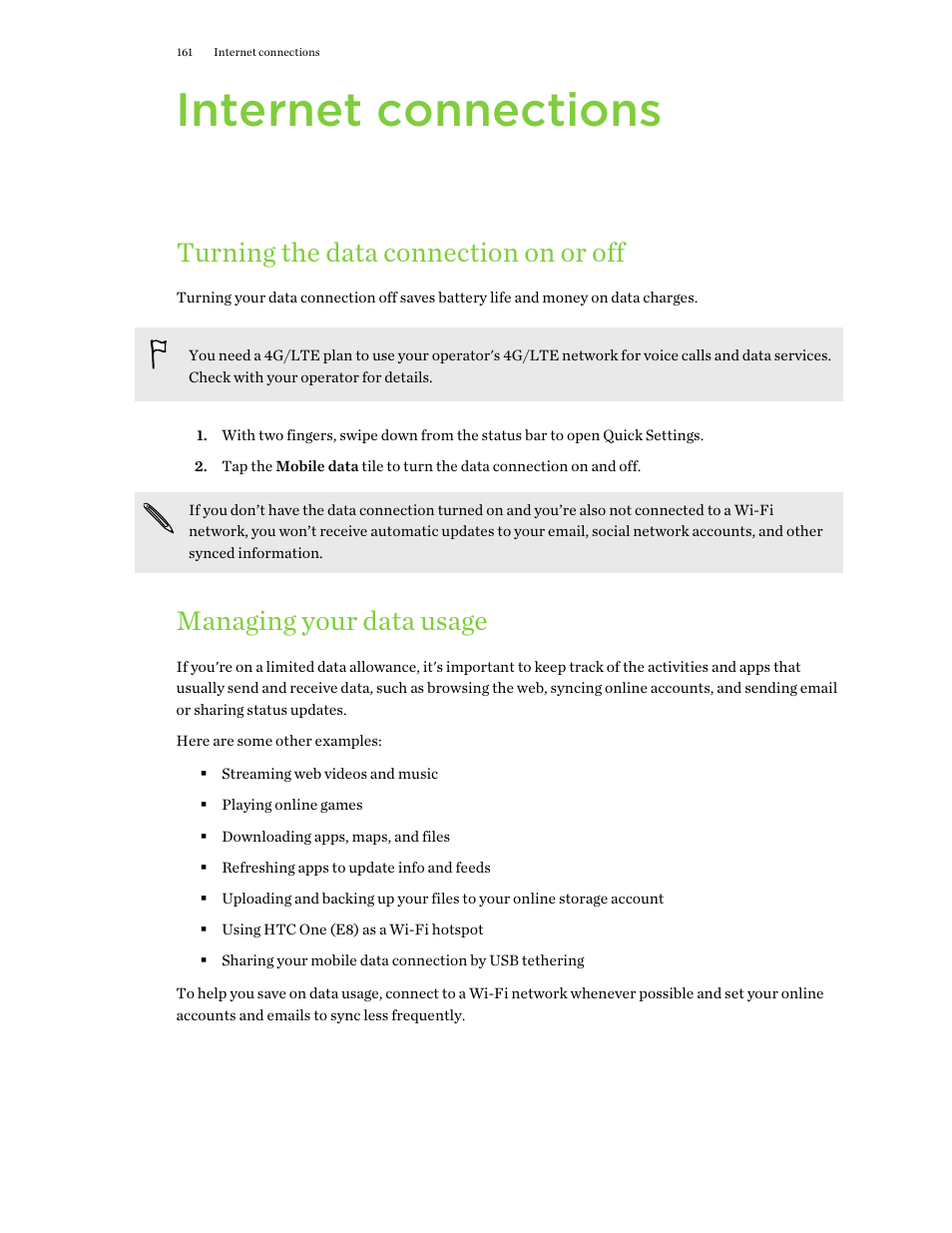 Internet connections, Turning the data connection on or off, Managing your data usage | HTC One E8 User Manual | Page 161 / 188