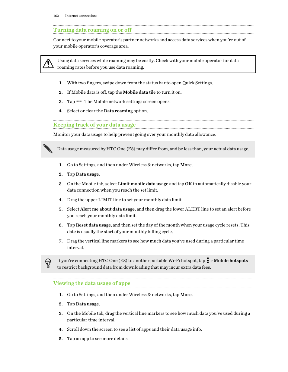 Turning data roaming on or off, Keeping track of your data usage, Viewing the data usage of apps | HTC One E8 User Manual | Page 162 / 188