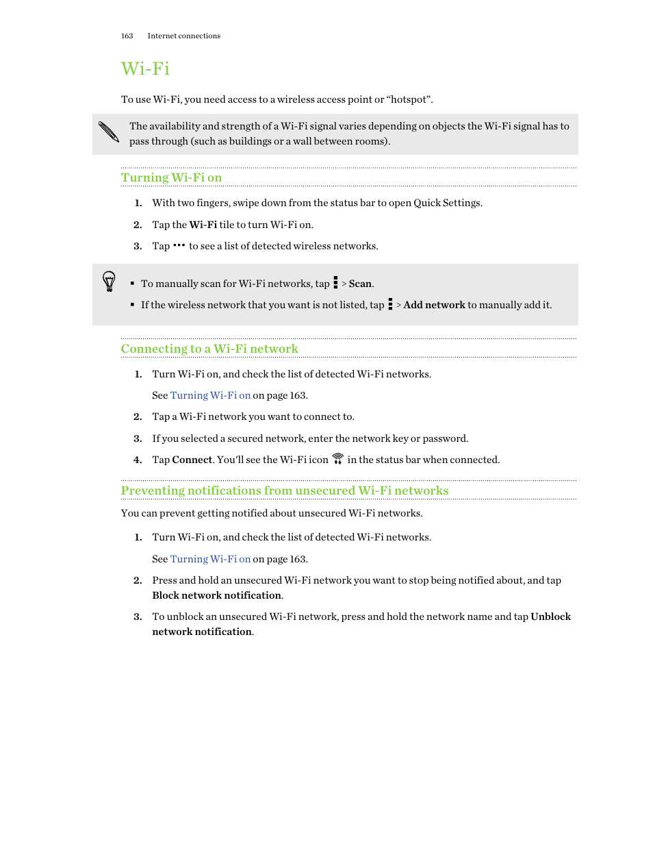 Wi‍-fi, Turning wi‍-fi on, Connecting to a wi‍-fi network | Wi-fi | HTC One E8 User Manual | Page 163 / 188