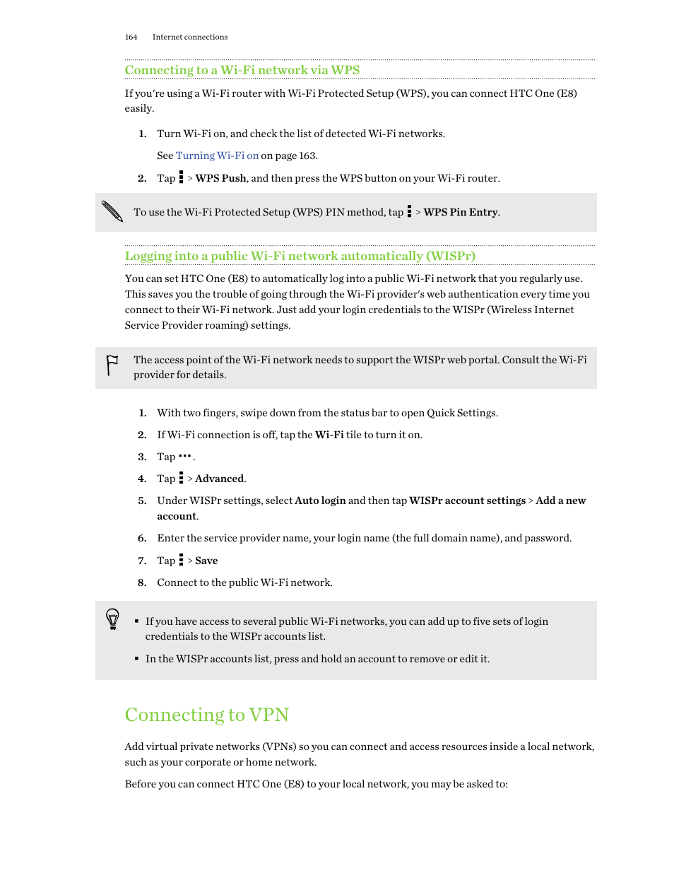 Connecting to a wi‍-fi network via wps, Connecting to vpn | HTC One E8 User Manual | Page 164 / 188