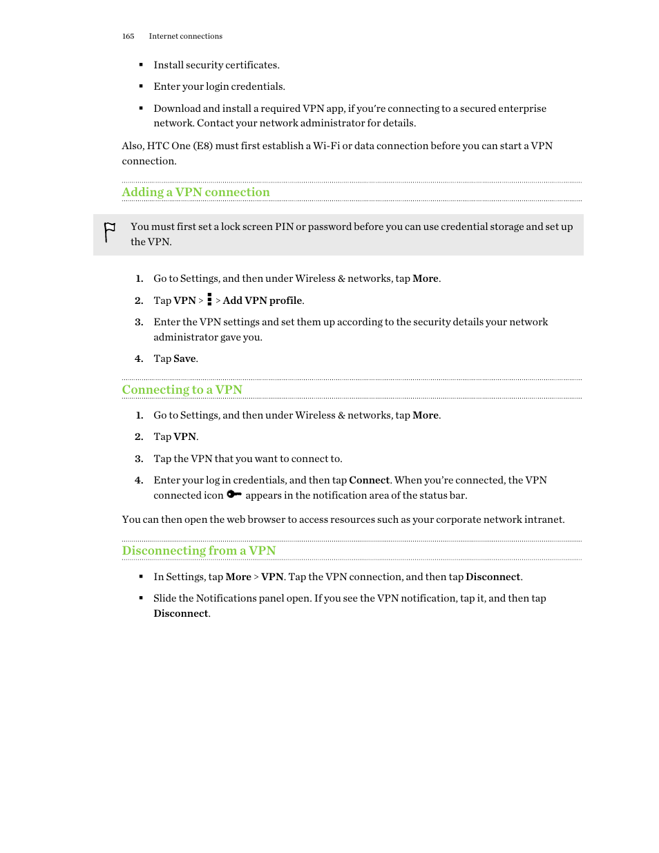 Adding a vpn connection, Connecting to a vpn, Disconnecting from a vpn | HTC One E8 User Manual | Page 165 / 188