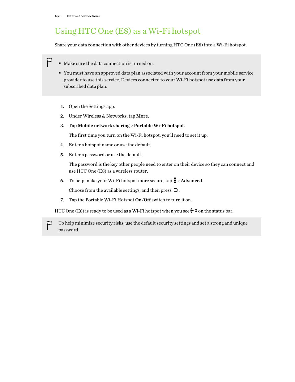 Using htc one (e8) as a wi‍-fi hotspot, Using htc one (e8) as a wi-fi hotspot | HTC One E8 User Manual | Page 166 / 188