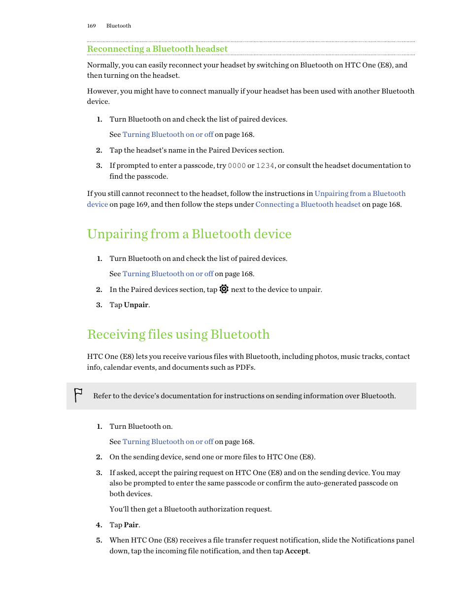 Reconnecting a bluetooth headset, Unpairing from a bluetooth device, Receiving files using bluetooth | HTC One E8 User Manual | Page 169 / 188