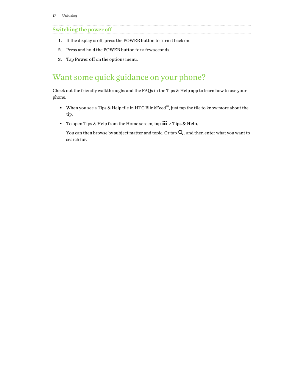 Switching the power off, Want some quick guidance on your phone | HTC One E8 User Manual | Page 17 / 188
