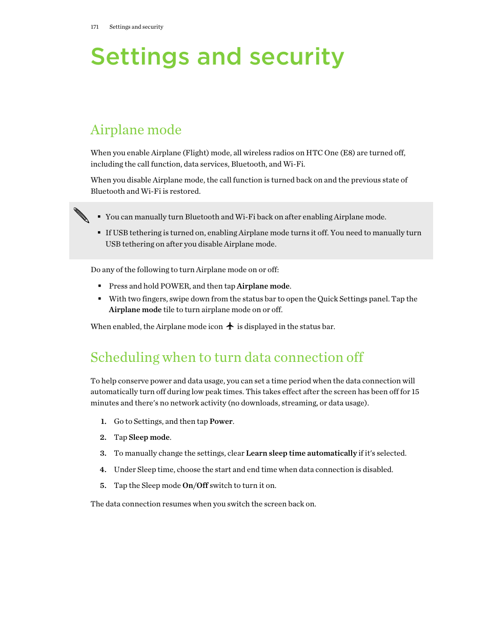 Settings and security, Airplane mode, Scheduling when to turn data connection off | For more details, see | HTC One E8 User Manual | Page 171 / 188