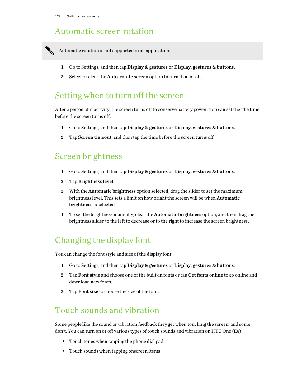 Automatic screen rotation, Setting when to turn off the screen, Screen brightness | Changing the display font, Touch sounds and vibration, Setting when to, Turn off the screen | HTC One E8 User Manual | Page 172 / 188