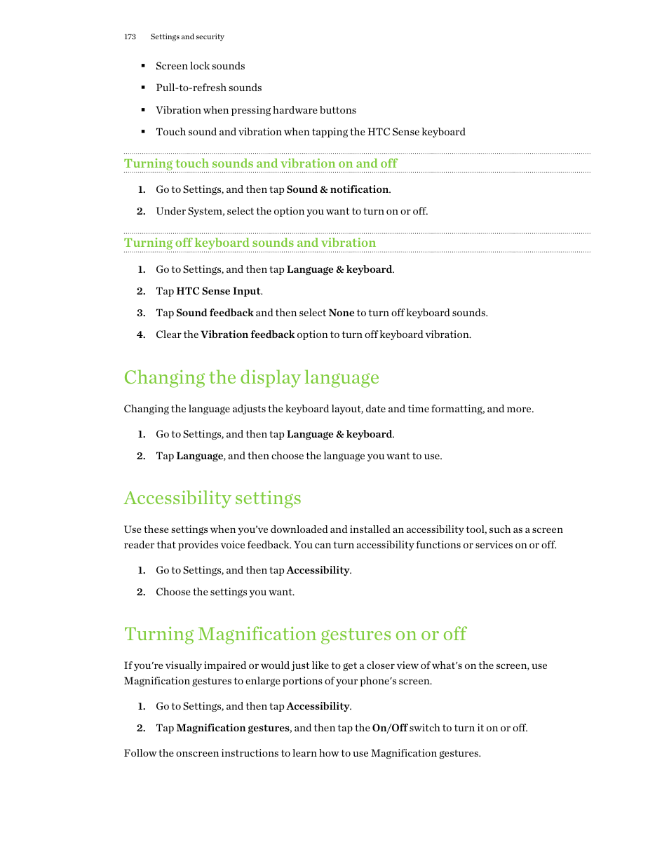 Turning touch sounds and vibration on and off, Turning off keyboard sounds and vibration, Changing the display language | Accessibility settings, Turning magnification gestures on or off | HTC One E8 User Manual | Page 173 / 188