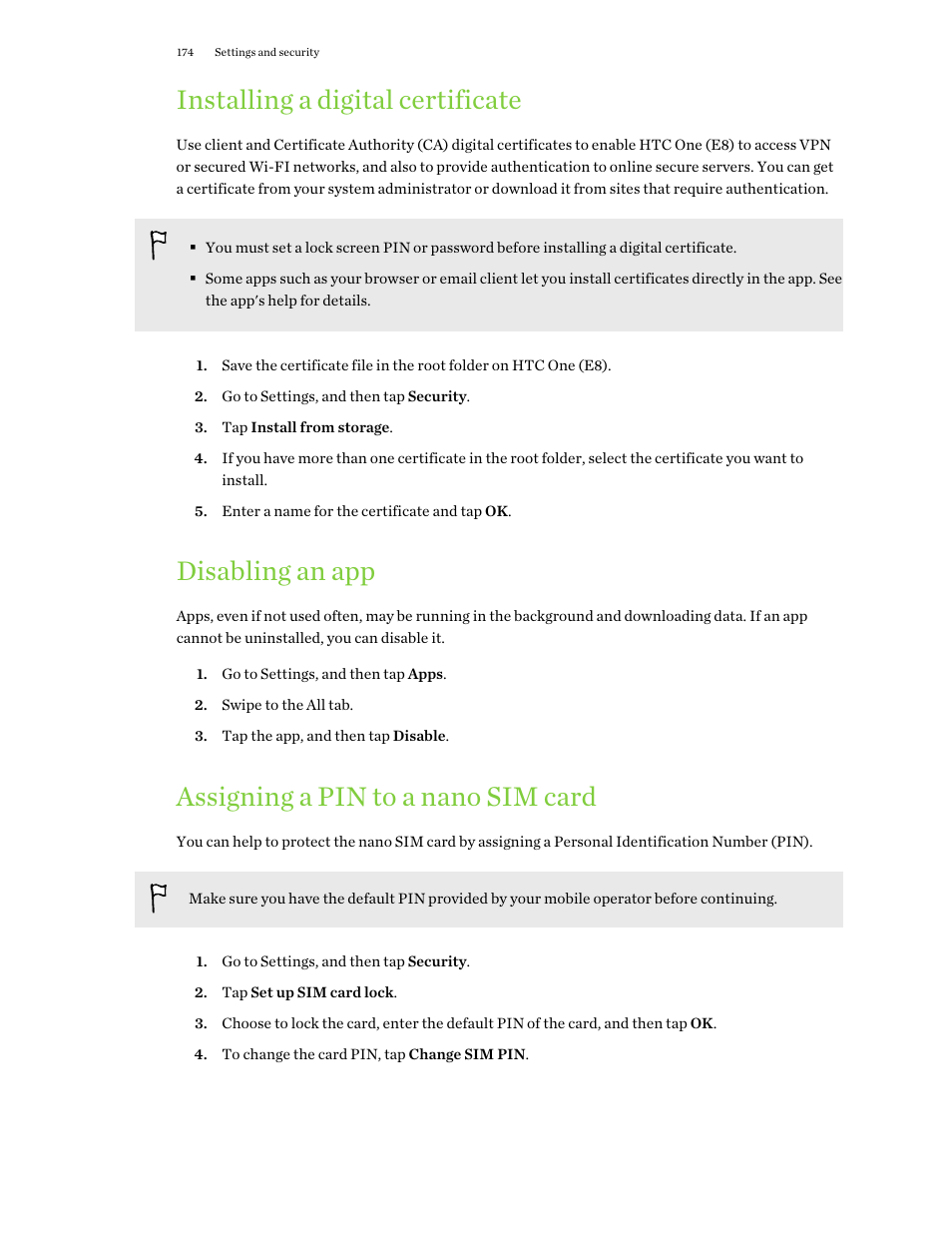 Installing a digital certificate, Disabling an app, Assigning a pin to a nano sim card | HTC One E8 User Manual | Page 174 / 188