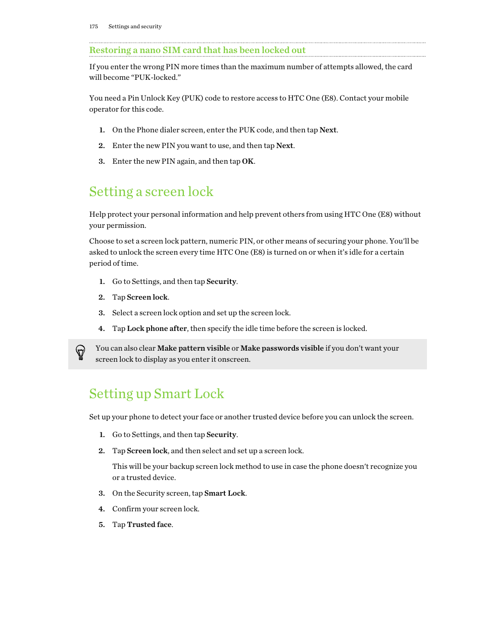 Restoring a nano sim card that has been locked out, Setting a screen lock, Setting up smart lock | HTC One E8 User Manual | Page 175 / 188