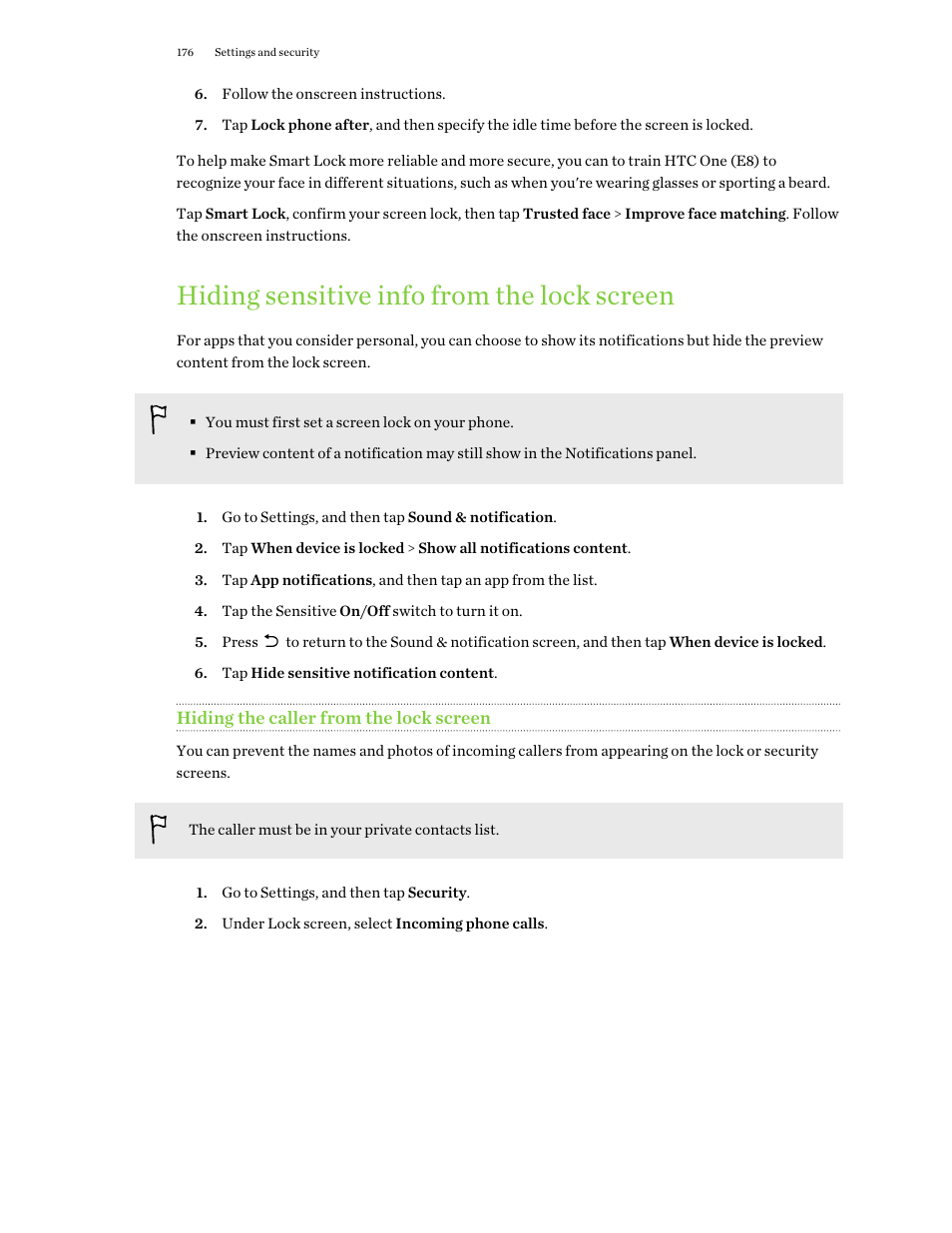 Hiding sensitive info from the lock screen, Hiding the caller from the lock screen | HTC One E8 User Manual | Page 176 / 188