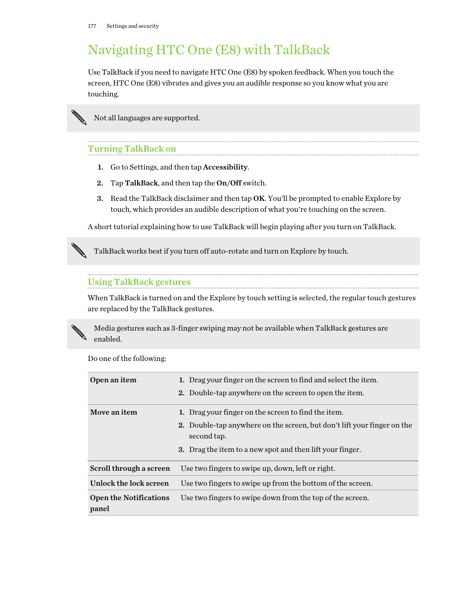 Navigating htc one (e8) with talkback, Turning talkback on, Using talkback gestures | HTC One E8 User Manual | Page 177 / 188