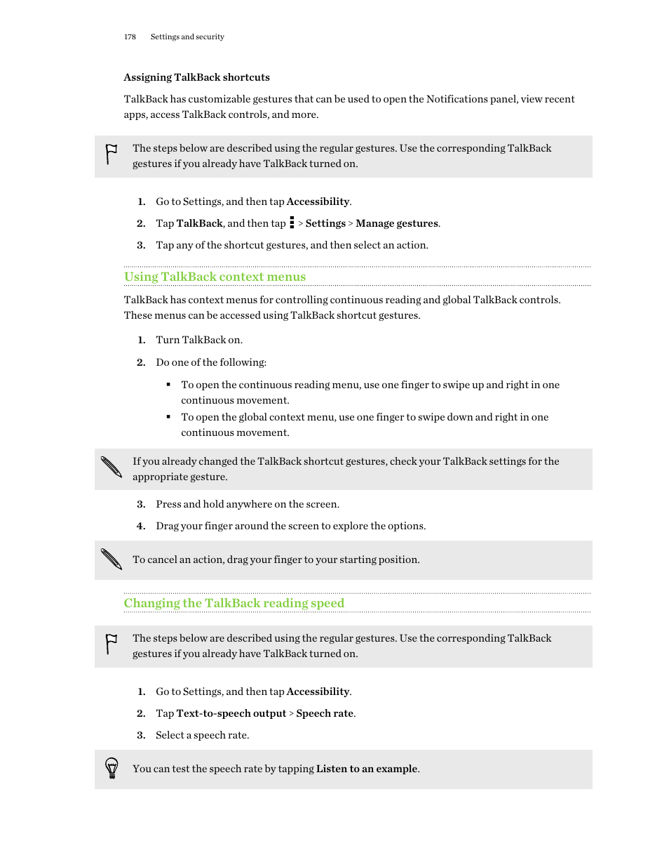 Assigning talkback shortcuts, Using talkback context menus, Changing the talkback reading speed | HTC One E8 User Manual | Page 178 / 188