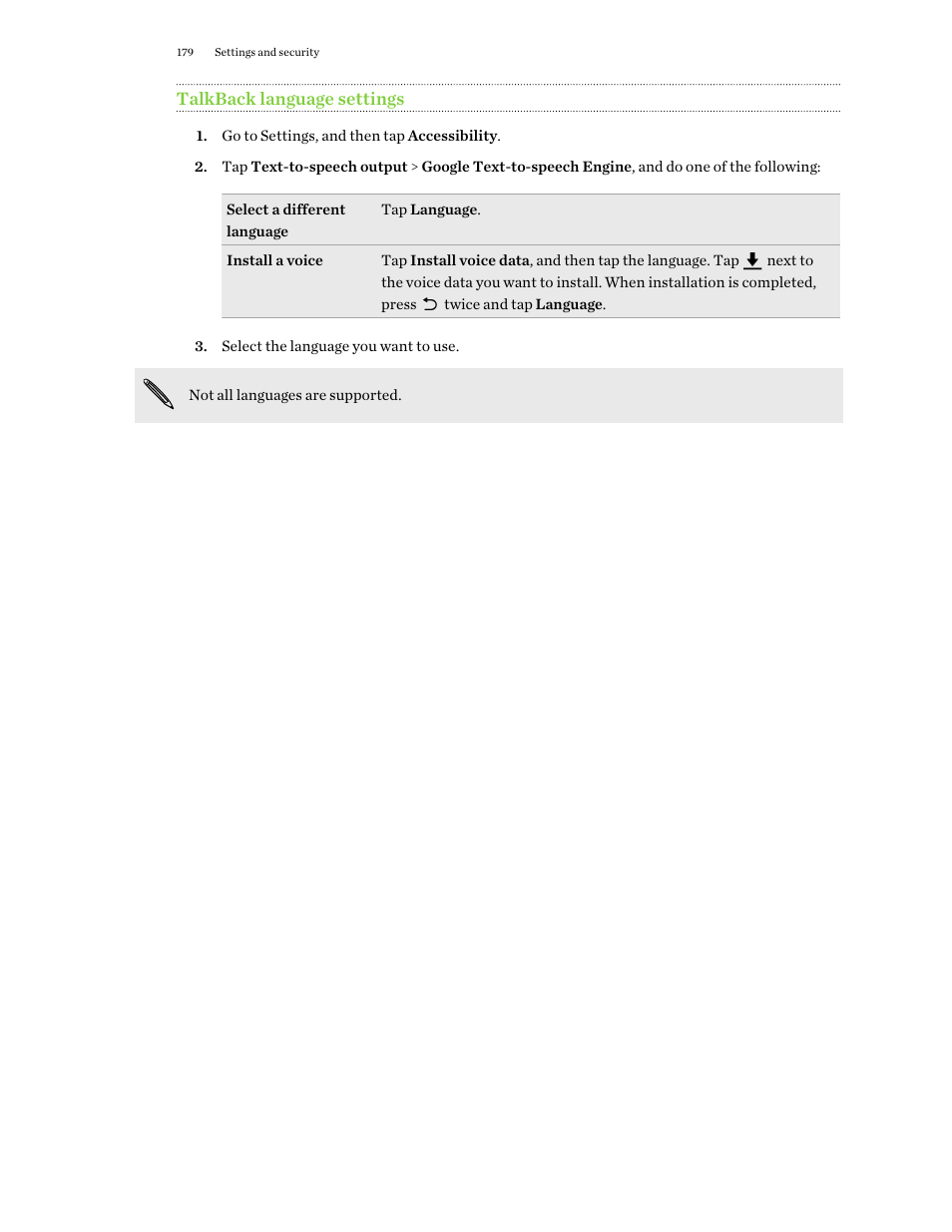 Talkback language settings | HTC One E8 User Manual | Page 179 / 188