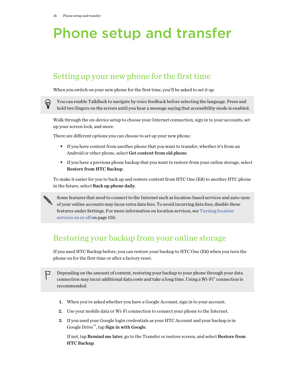 Phone setup and transfer, Setting up your new phone for the first time, Restoring your backup from your online storage | HTC One E8 User Manual | Page 18 / 188