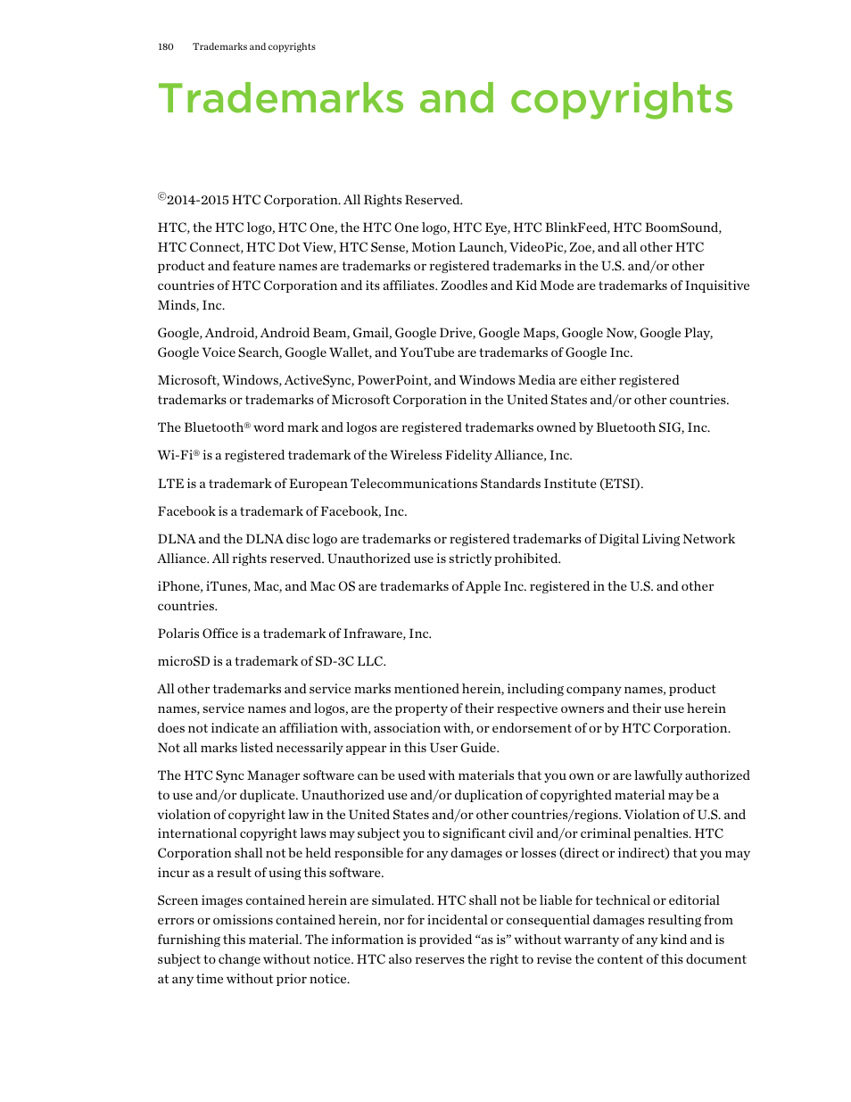 Trademarks and copyrights | HTC One E8 User Manual | Page 180 / 188