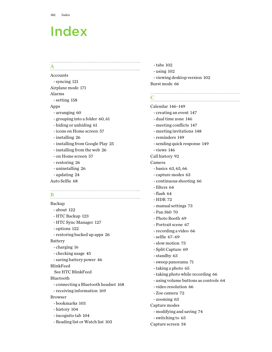 Index | HTC One E8 User Manual | Page 182 / 188