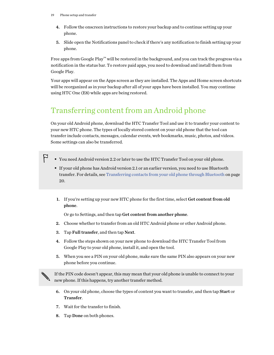 Transferring content from an android phone | HTC One E8 User Manual | Page 19 / 188