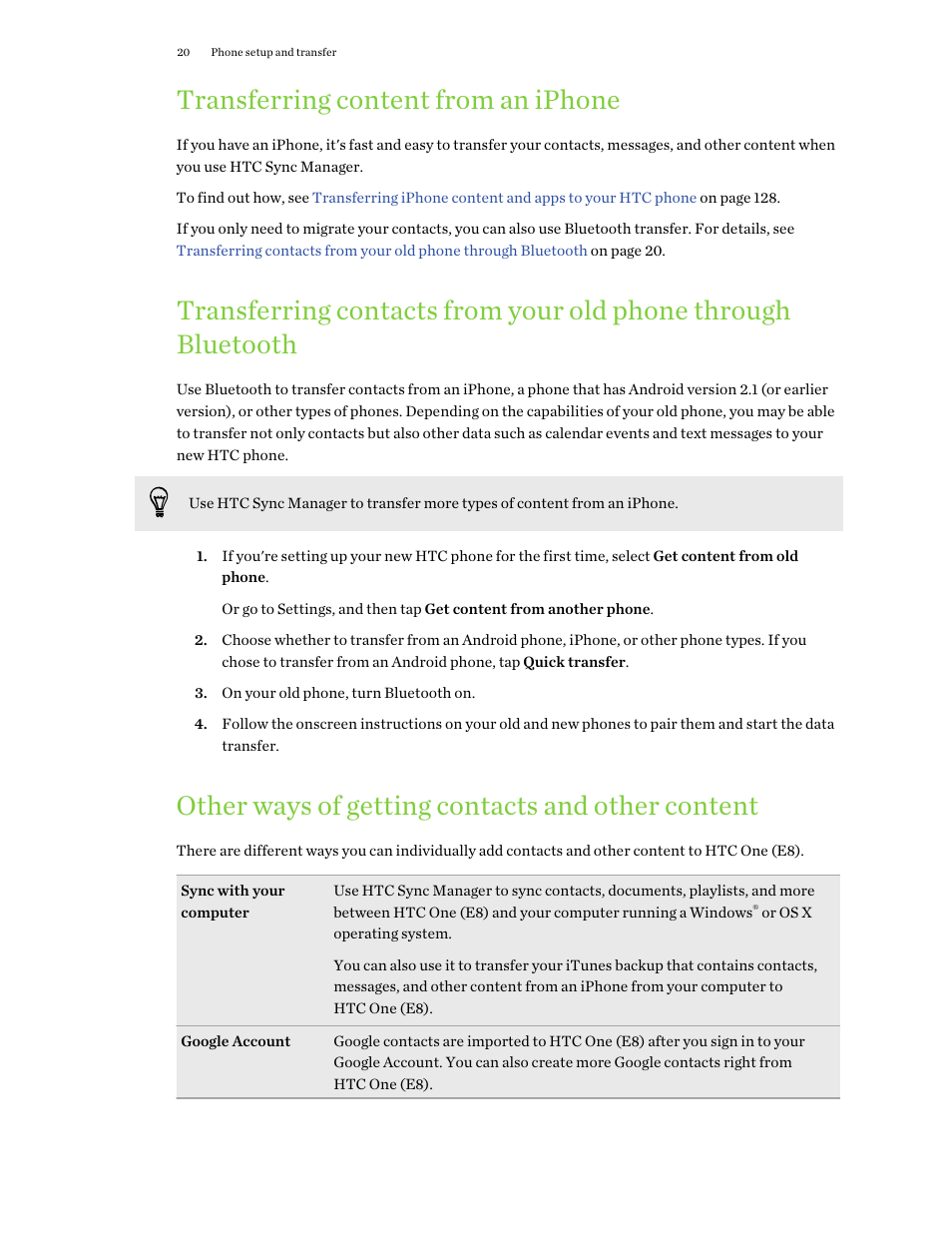 Transferring content from an iphone, Other ways of getting contacts and other content | HTC One E8 User Manual | Page 20 / 188