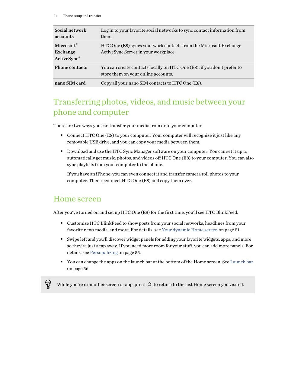 Home screen | HTC One E8 User Manual | Page 21 / 188