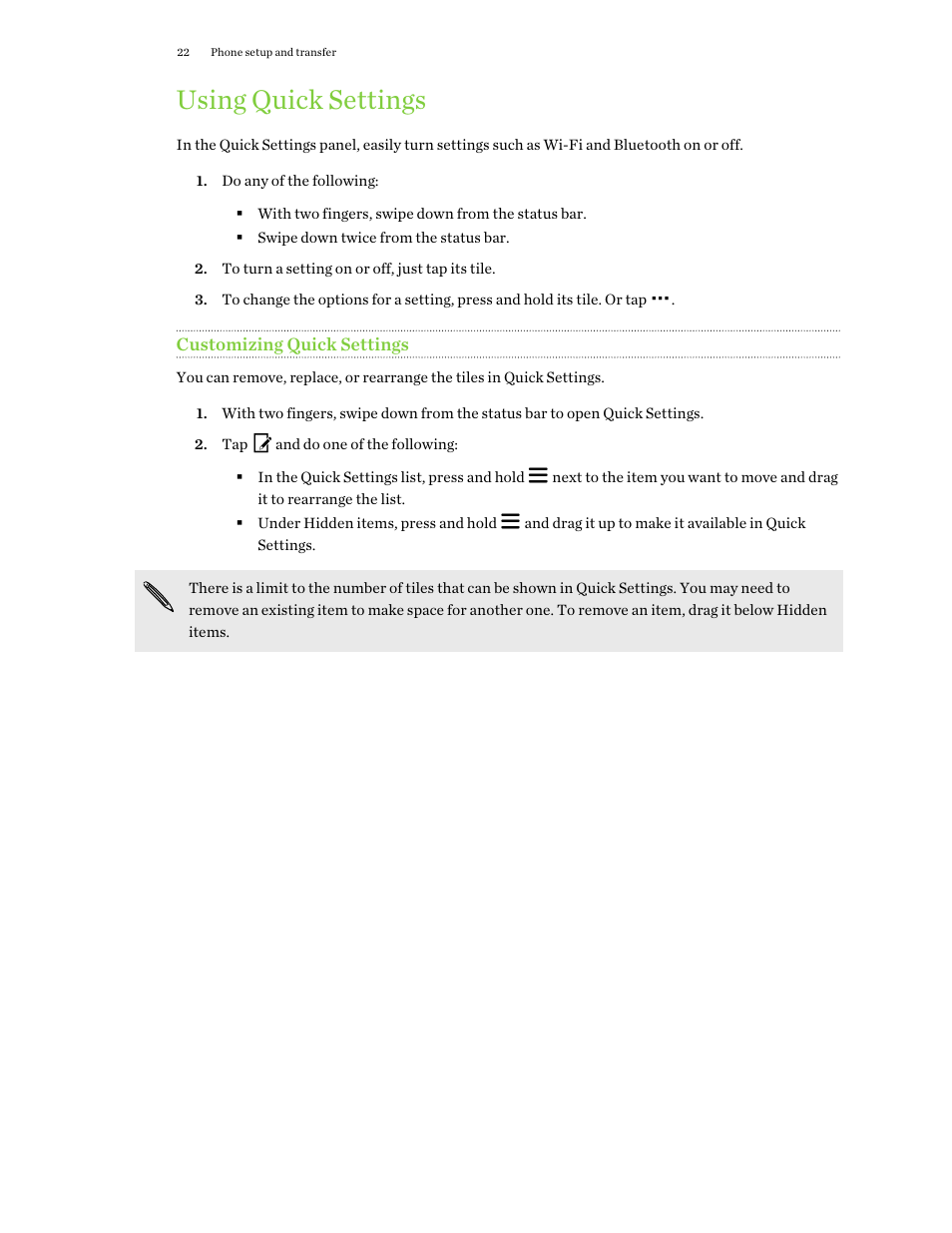 Using quick settings, Customizing quick settings | HTC One E8 User Manual | Page 22 / 188