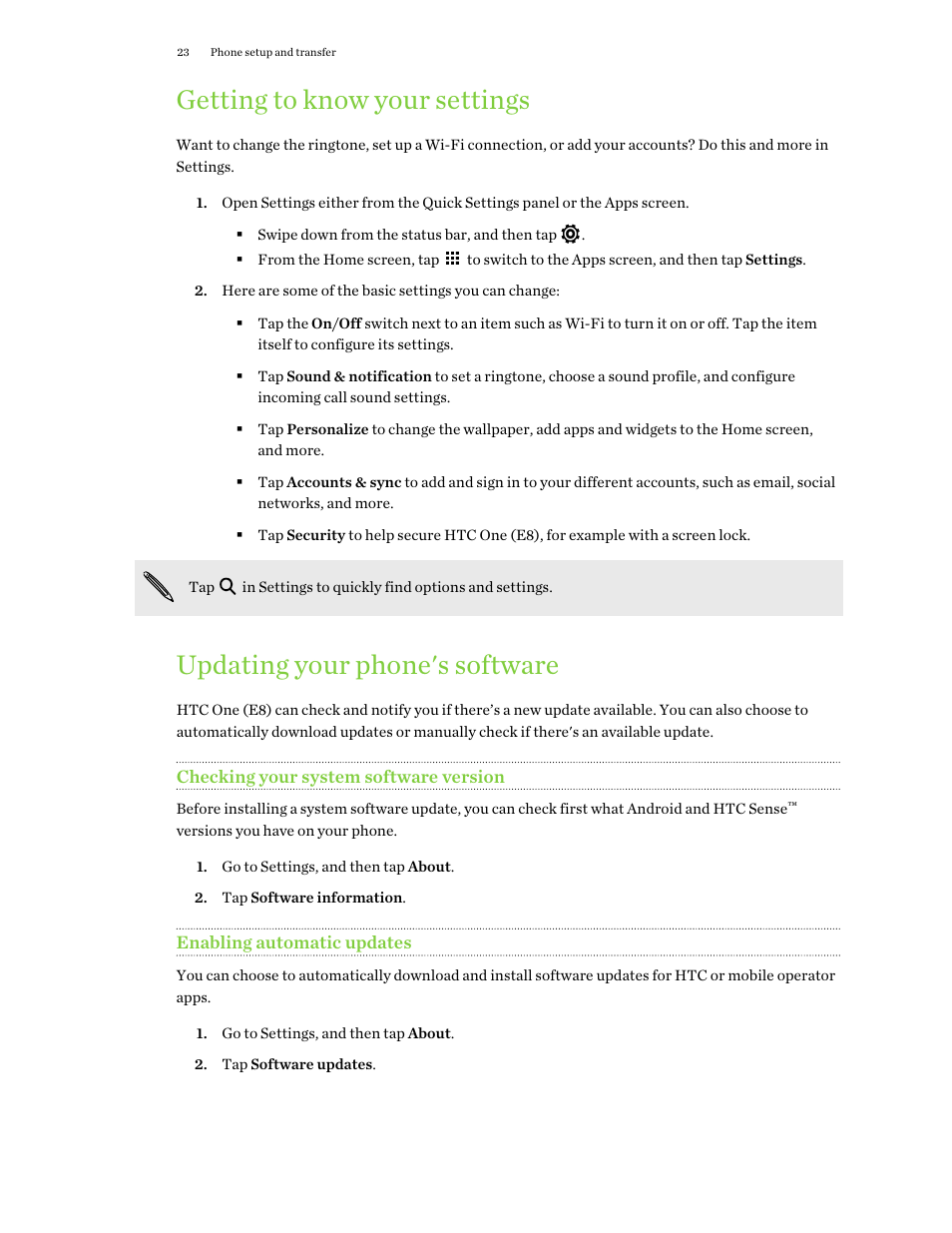 Getting to know your settings, Updating your phone's software, Checking your system software version | Enabling automatic updates | HTC One E8 User Manual | Page 23 / 188