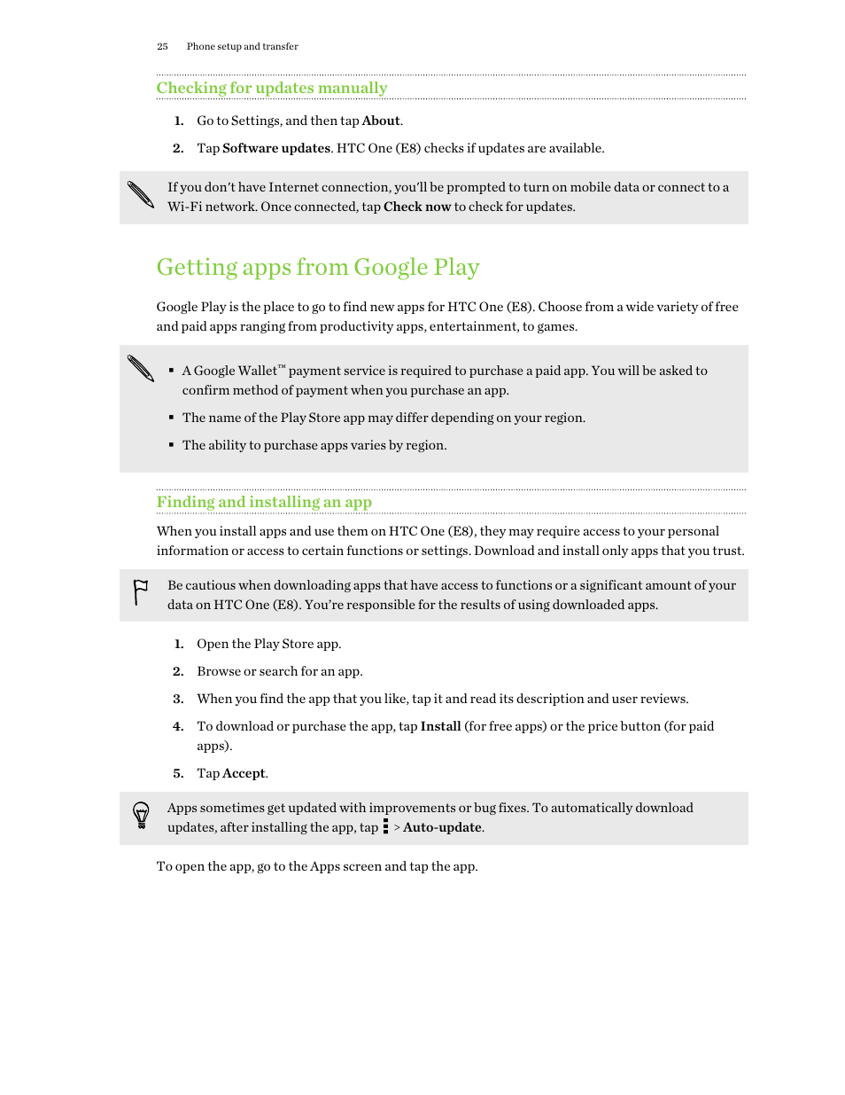 Checking for updates manually, Getting apps from google play, Finding and installing an app | HTC One E8 User Manual | Page 25 / 188