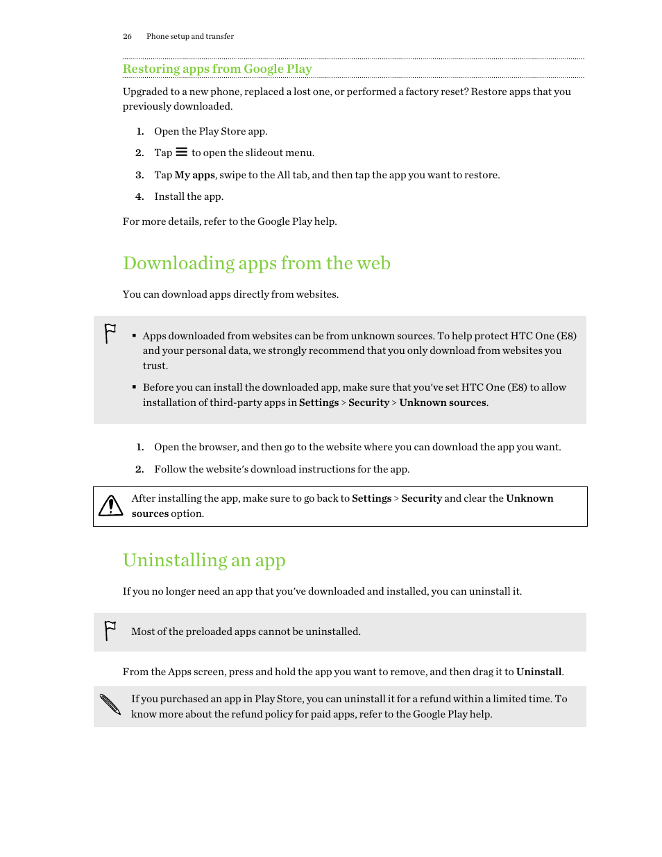 Restoring apps from google play, Downloading apps from the web, Uninstalling an app | HTC One E8 User Manual | Page 26 / 188