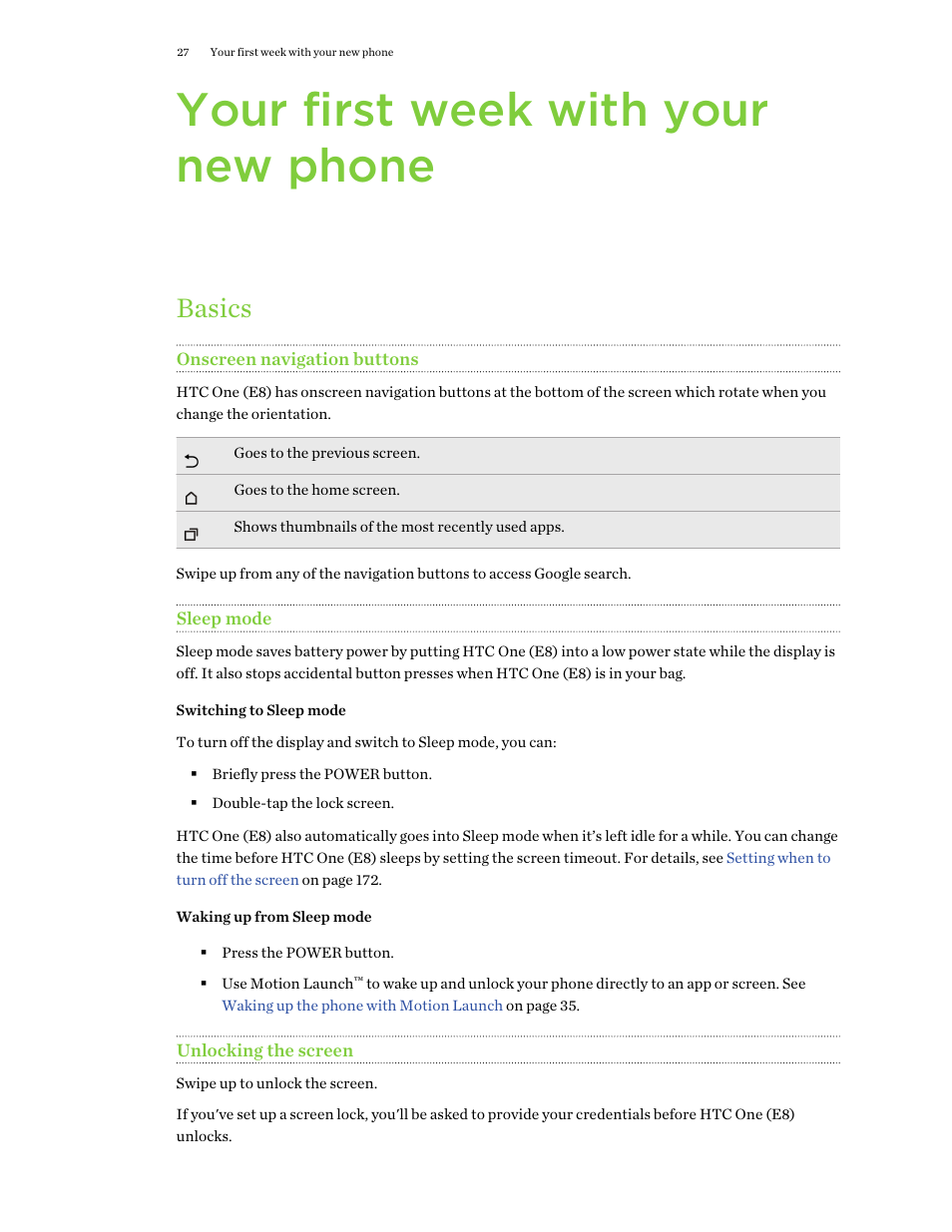 Your first week with your new phone, Basics, Onscreen navigation buttons | Sleep mode, Switching to sleep mode, Waking up from sleep mode, Unlocking the screen | HTC One E8 User Manual | Page 27 / 188