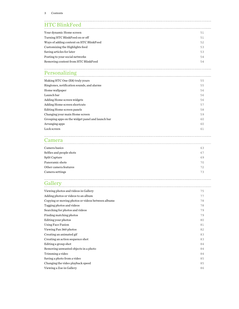 Htc blinkfeed, Personalizing, Camera | Gallery | HTC One E8 User Manual | Page 3 / 188