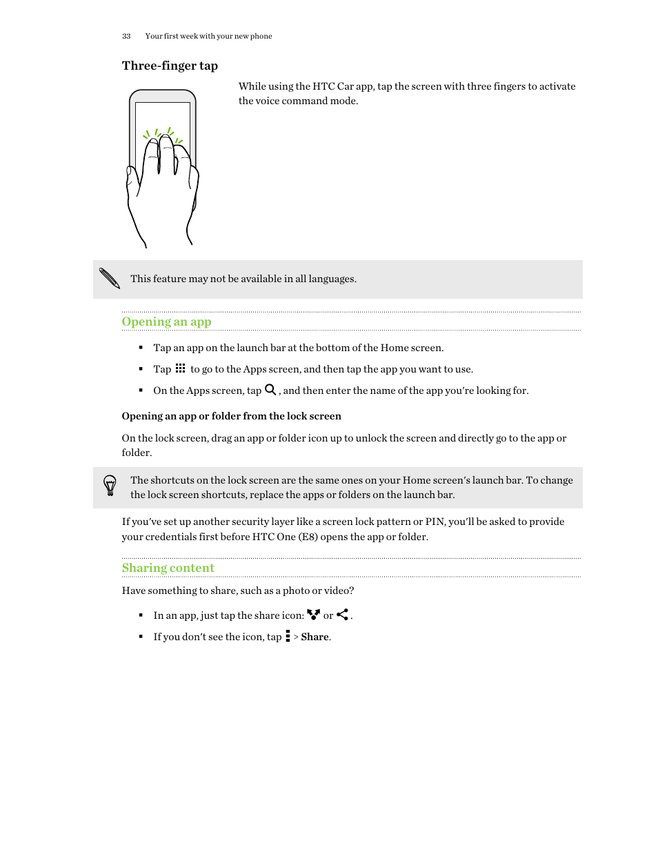 Opening an app, Opening an app or folder from the lock screen, Sharing content | HTC One E8 User Manual | Page 33 / 188