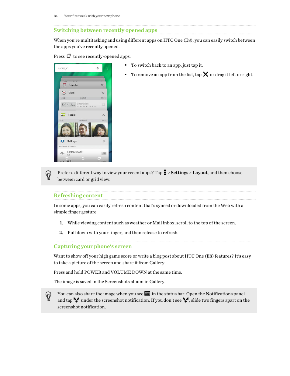 Switching between recently opened apps, Refreshing content, Capturing your phone's screen | HTC One E8 User Manual | Page 34 / 188