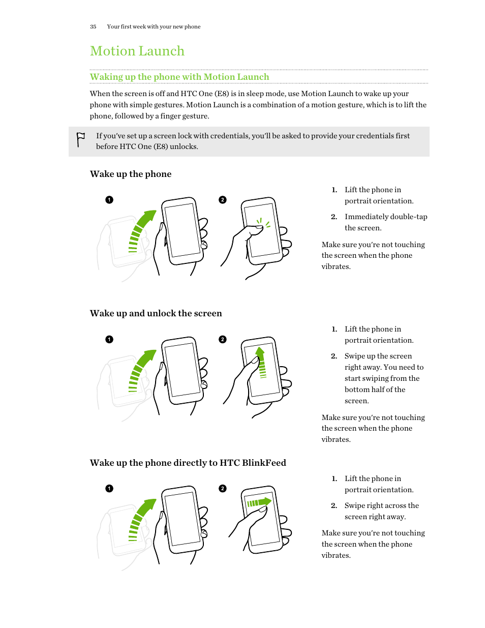 Motion launch, Waking up the phone with motion launch | HTC One E8 User Manual | Page 35 / 188