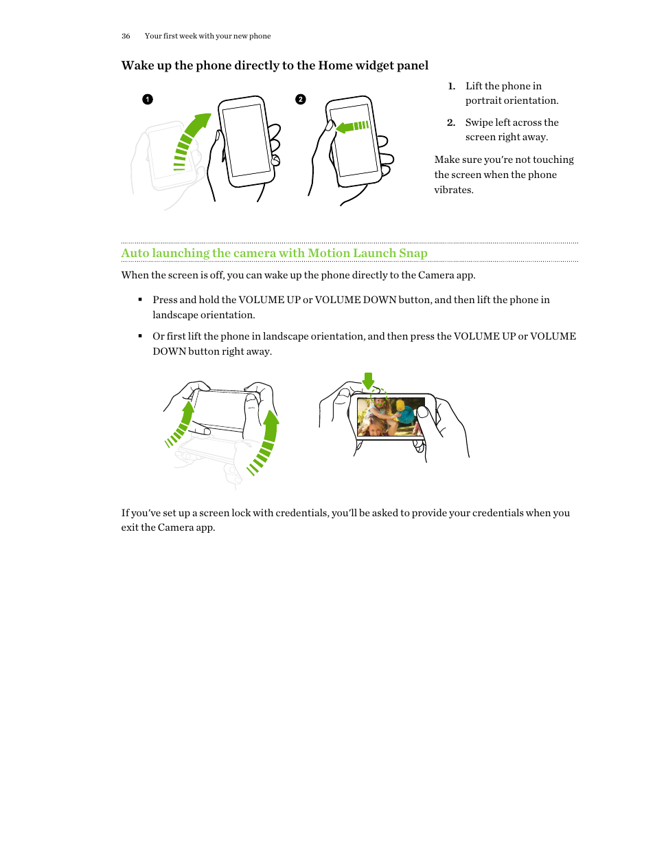 Auto launching the camera with motion launch snap | HTC One E8 User Manual | Page 36 / 188