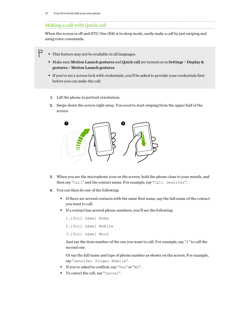 Making a call with quick call | HTC One E8 User Manual | Page 37 / 188