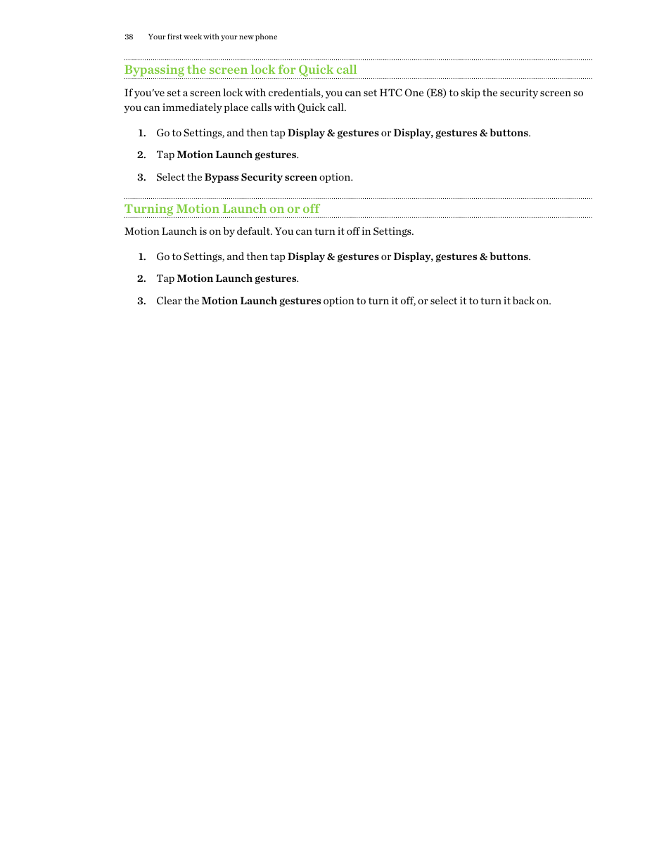 Bypassing the screen lock for quick call, Turning motion launch on or off | HTC One E8 User Manual | Page 38 / 188