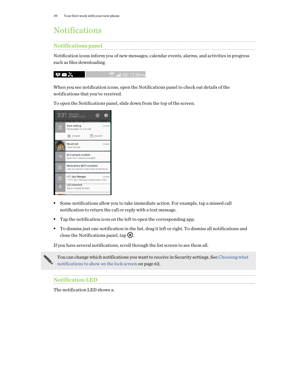 Notifications, Notifications panel, Notification led | HTC One E8 User Manual | Page 39 / 188