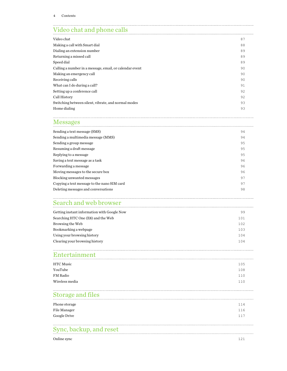 Video chat and phone calls, Messages, Search and web browser | Entertainment, Storage and files, Sync, backup, and reset | HTC One E8 User Manual | Page 4 / 188