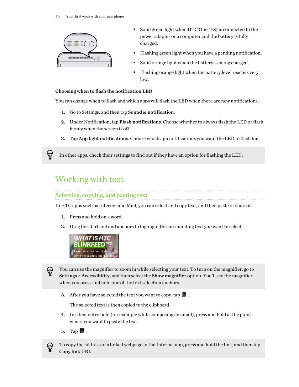 Choosing when to flash the notification led, Working with text, Selecting, copying, and pasting text | HTC One E8 User Manual | Page 40 / 188