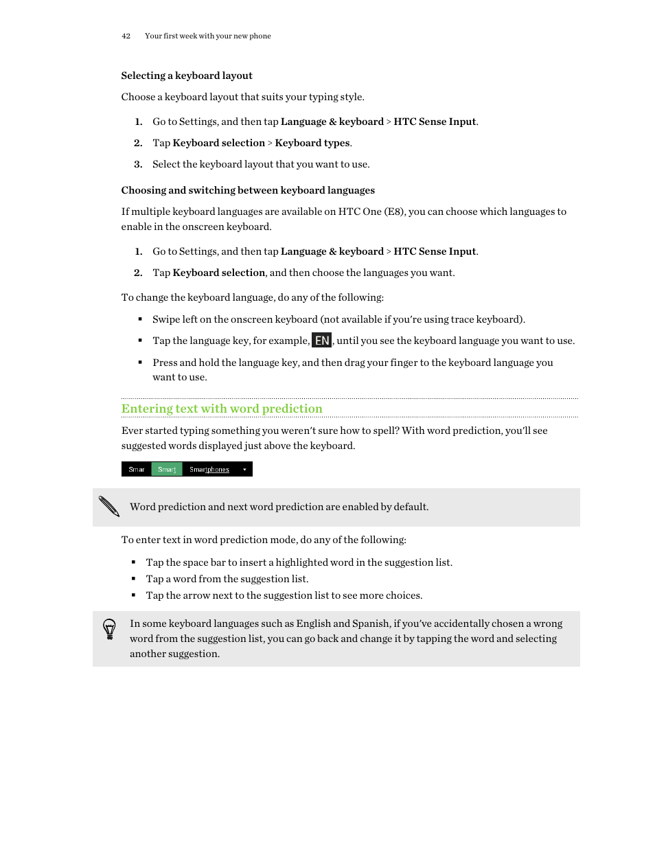 Selecting a keyboard layout, Choosing and switching between keyboard languages, Entering text with word prediction | Dictionary. see | HTC One E8 User Manual | Page 42 / 188